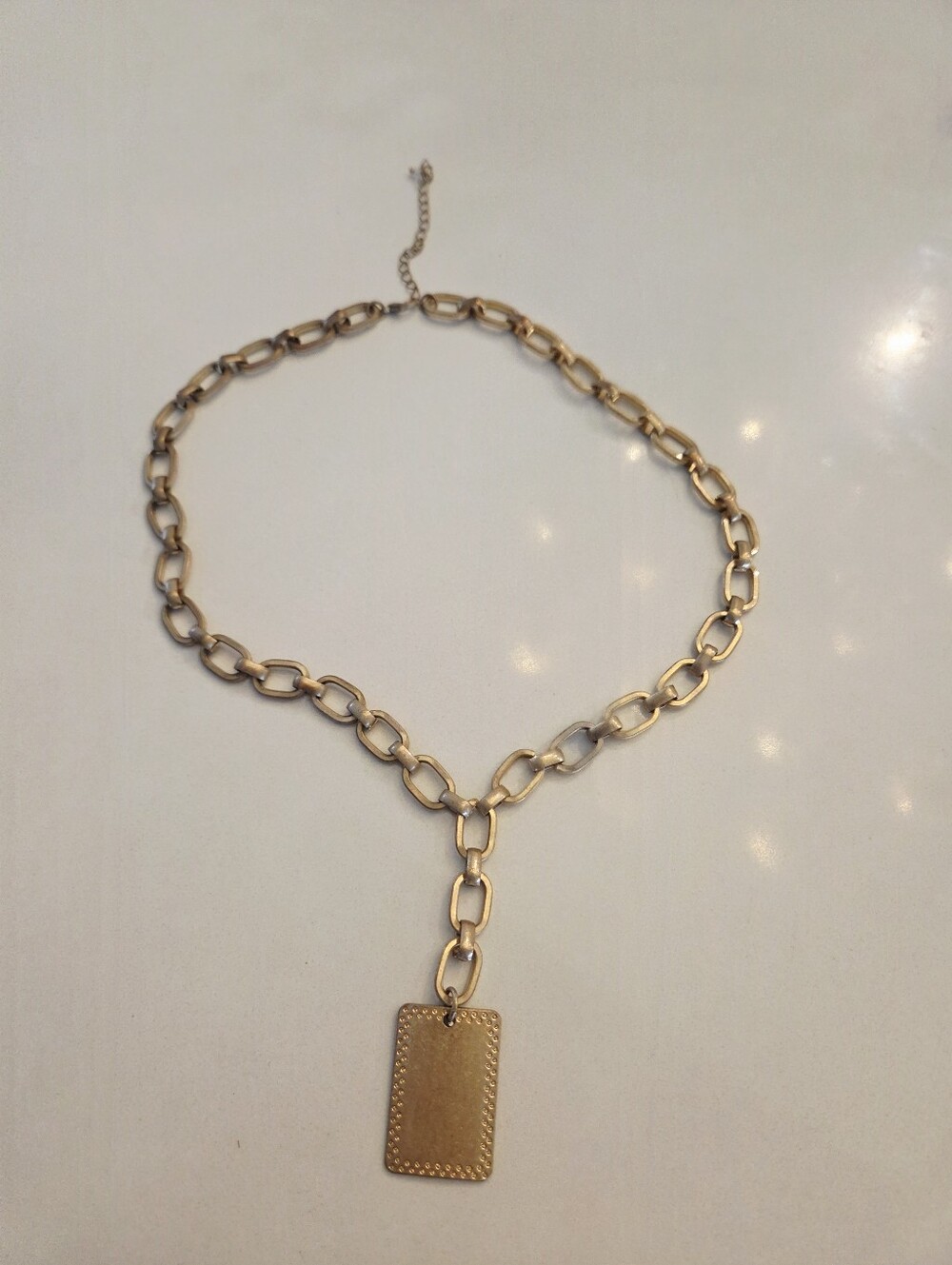 Gold Link Chain Necklace with Rectangular Pendant - Women Jewelry